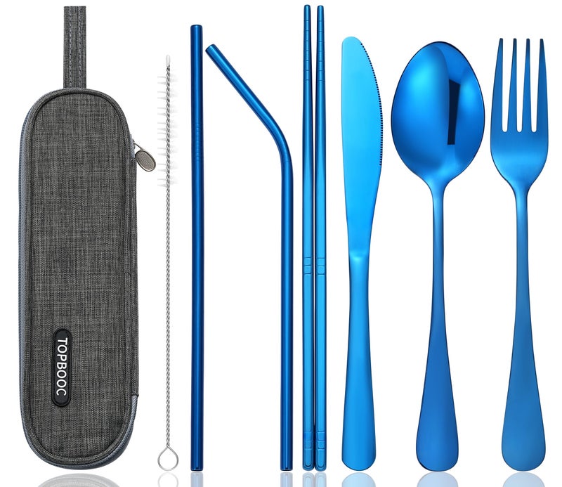 Topbooc Portable Stainless Steel Flatware Set, Travel Camping Cutlery Set, Portable Utensil Travel Silverware Dinnerware Set with a Waterproof Case (Blue) - Image 1